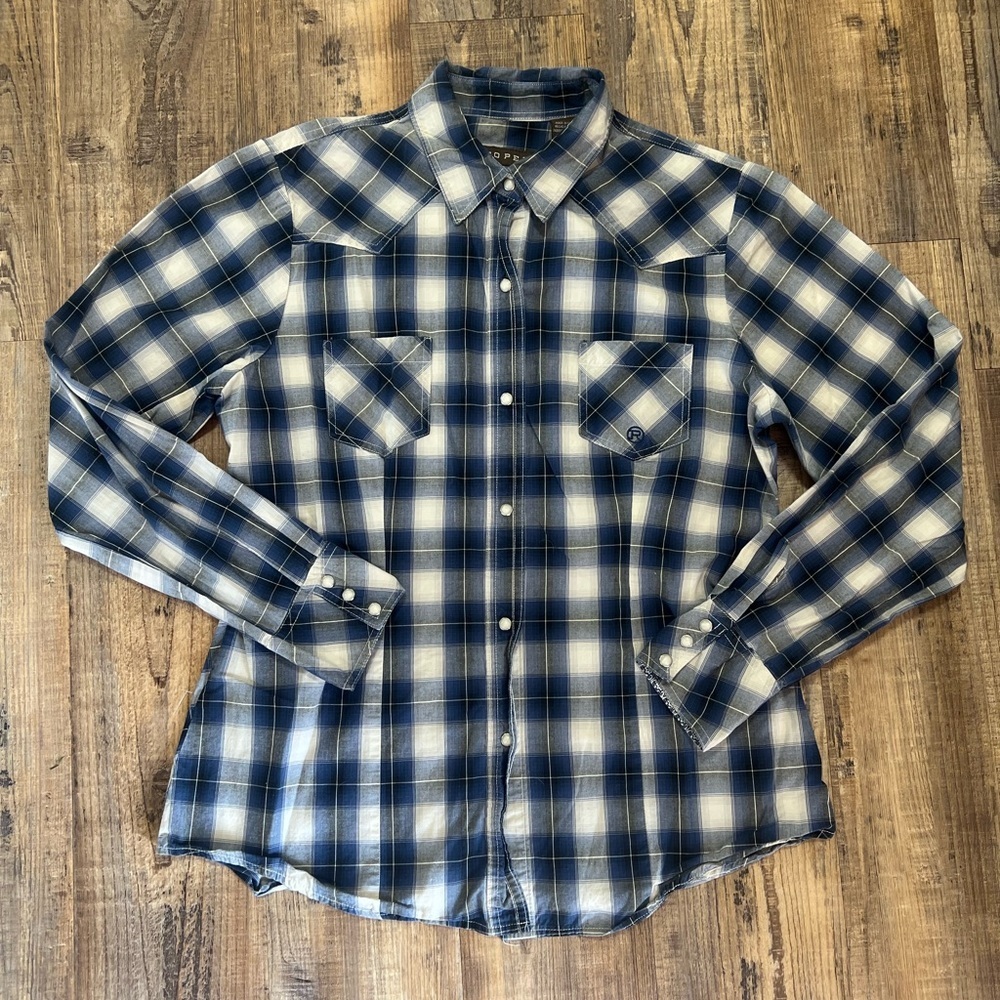 Roper Womens Blue Plaid Pearl Snap Western Button Up Size Large